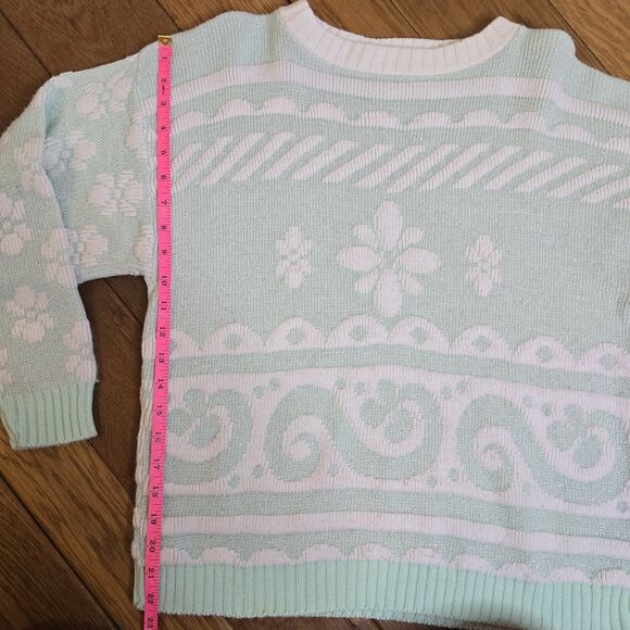 Vintage Beaucoup USA Made Mint Green White Metallic Floral Knit Pullover Sweater - Picture 9 of 12